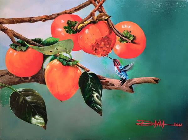Birds Art Print featuring the painting Bumblebee hummer and Persimmons by Dana Newman