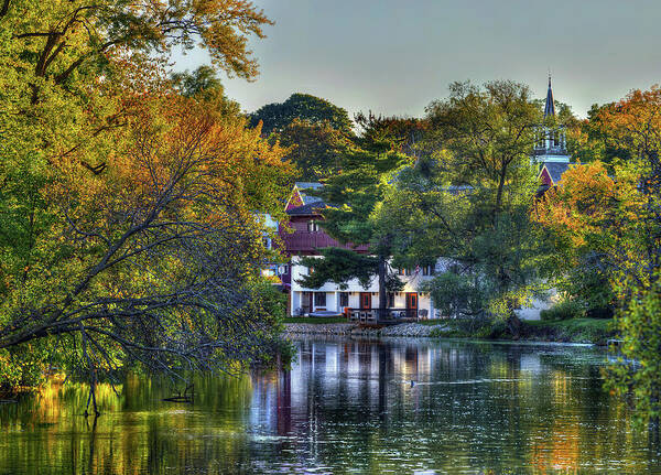 Yahara River Stoughton Wi Downtown Church Sunset Golden Autumn Fall Tranquil Art Print featuring the photograph Yahara River in Stoughton WI by Peter Herman