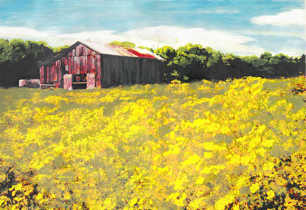 Fine Art Art Print featuring the painting Barn Yellow Spring Fields Maryland Landscape Fine Art Painting by G Linsenmayer