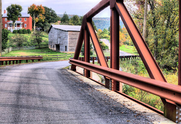 Farm Farms Barn Barns Farmer Farmers Mountain Creek Stream Fall Autumn Shenandoah George Washington National Forest Mountains Blueridge Blue Ridge Front Royal Virginia Va National Park Haymarket Valley Vally Appalachian Appalachia Gw Forrest Color Colors Colours Colour Nature Natural Bridge Bridges Foot Walkway Path Trail Hiking Hikes Bridge Simple Simpler Time Life To Rural Rustic Art Print featuring the photograph Bridge to a Simpler Time by JC Findley