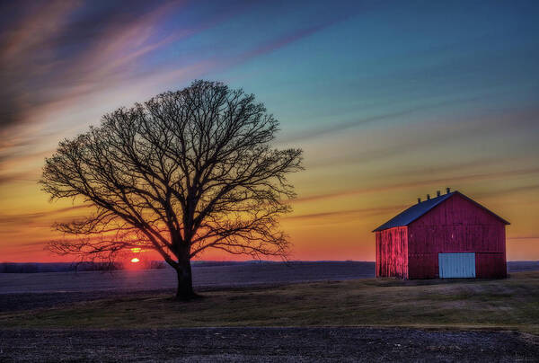 Oak Barn Sunset Red Country Farm Countryside Rural Americana Spring Colorful Horizontal Wisconsin Wi Madison Stoughton Art Print featuring the photograph BarnSet - Wisconsin Rural Sunset with Oak and Barn by Peter Herman