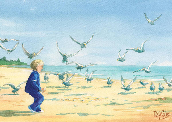 Boy On Beach Art Print featuring the painting Feeding Joy by Lynda Lang