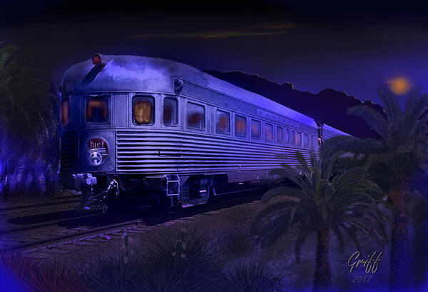 Trains Art Print featuring the digital art Moonlight on the Sante Fe Chief by J Griff Griffin