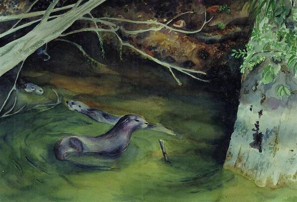 Otters Art Print featuring the painting Otters in Dora Passage by Judy Swerlick