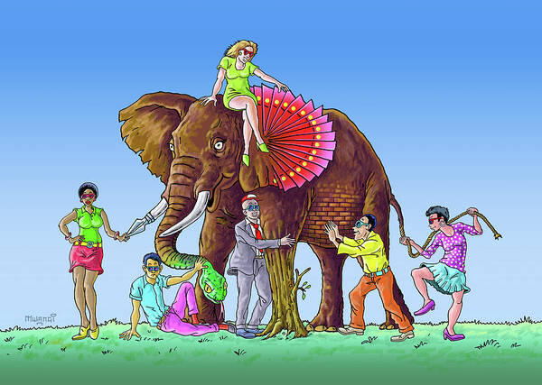 Blind Art Print featuring the drawing The Blind and the Elephant by Anthony Mwangi