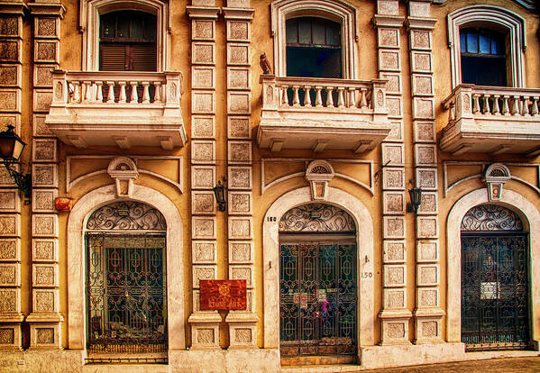 Balconies; Balcony; Street; Doors; San Juan; Puerto Rico; Stone Building Art Print featuring the photograph Three Balconies by Mick Burkey