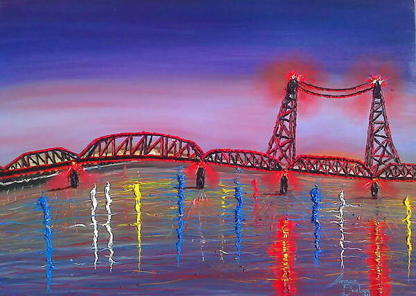 Beautiful Red! Art Print featuring the painting Vancouver WA Interstate Bridge AT Sunset by James Dunbar