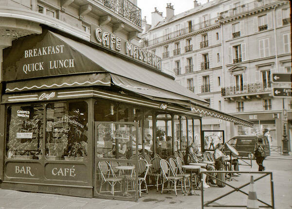 Paris Art Print featuring the photograph Paris Cafe Massena in Sepia Tone by Matthew Bamberg