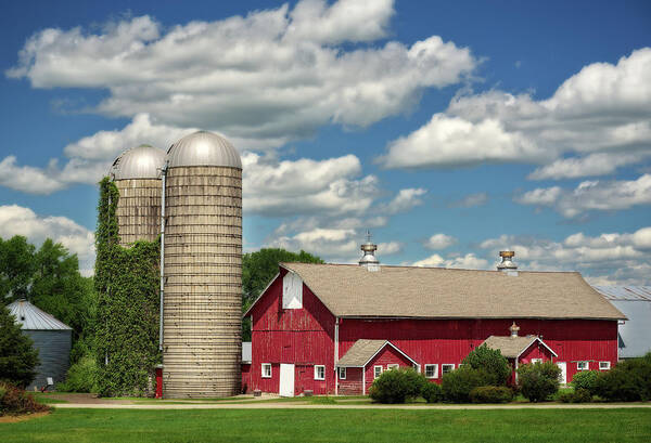 Cooksville Art Print featuring the photograph Wisconsin Primary Colors - dairy barn and ivy covered silo in Cooksville Wisconsin by Peter Herman
