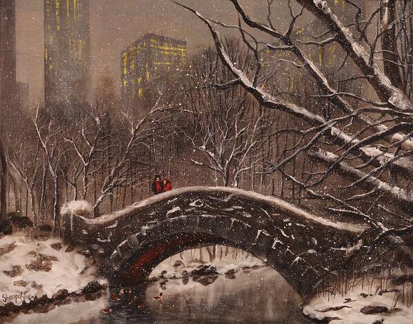 Snow Scene Art Print featuring the painting Bridge in Central Park by Tom Shropshire