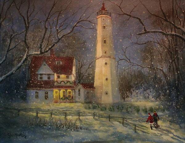 Christmas Scene Art Print featuring the painting Milwaukee's North Point Lighthouse by Tom Shropshire