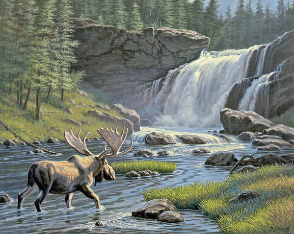 Wildlife Art Print featuring the painting Moose Falls by Paul Krapf