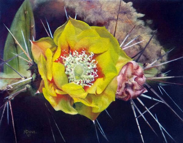 :  Mary Dove Art Art Print featuring the painting Pink Prickly Pear Yellow Cactus Flower by Mary Dove
