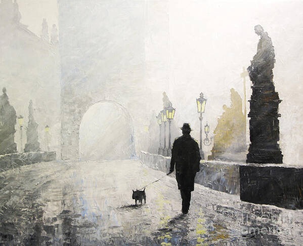 Oil On Canvas Art Print featuring the painting Prague Charles Bridge Morning Walk 01 by Yuriy Shevchuk