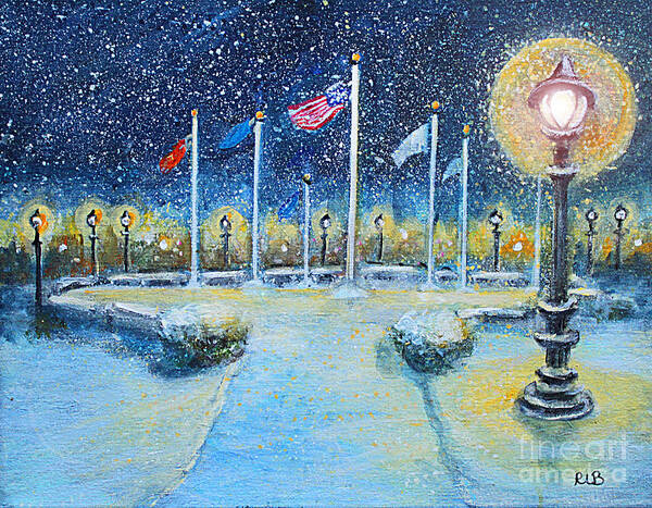 Waltham Art Print featuring the painting Snowy Night at the Circle of Remembrance by Rita Brown