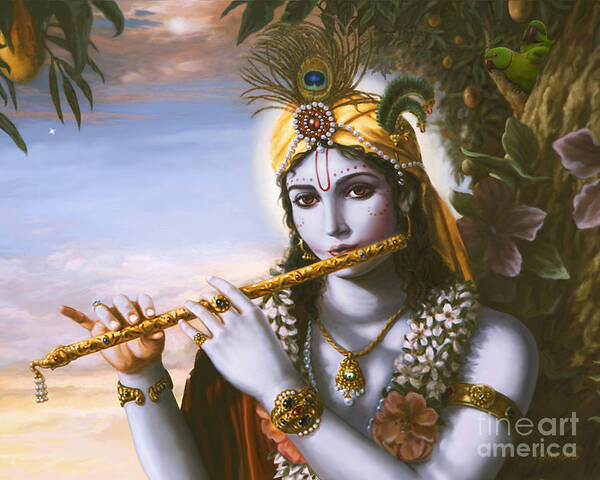 Krishna Flute Painting Art Print featuring the painting The Primordial Flute Player by Vishnudas Art