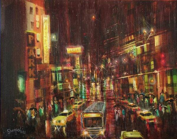 City At Night Art Print featuring the painting Sudden Downpour Opening Night by Tom Shropshire