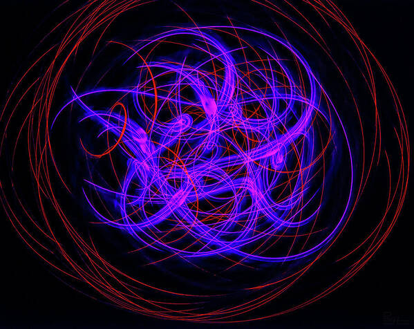 Light Painting Psychedelic Groovy 60's Spirograph Swinging Light Flashlight Abstract Blacklight Trippy Long Exposure Pink Floyd Dark Colorful Hypnotic Biohazard Purple Red Art Print featuring the photograph BioHazard by Peter Herman