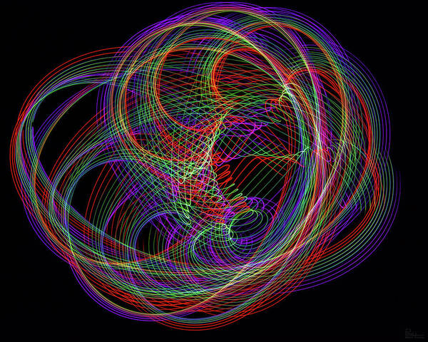 Light Painting Psychedelic Groovy 60's Spirograph Swinging Light Flashlight Abstract Blacklight Trippy Long Exposure Pink Floyd Dark Colorful Hypnotic Art Print featuring the photograph Convoluted Colors by Peter Herman