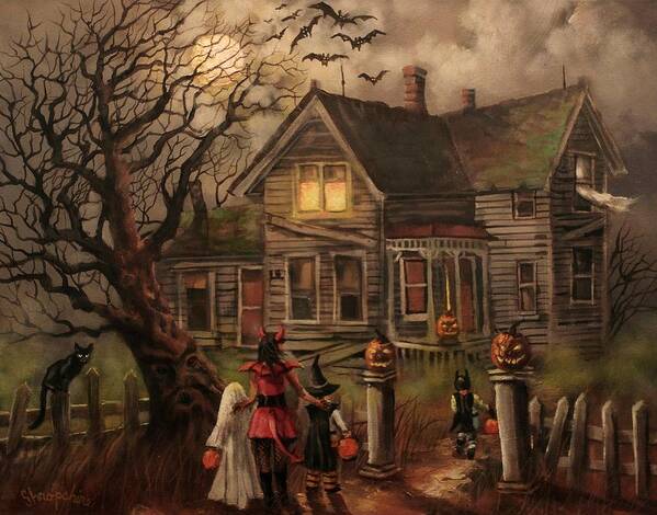  Bats Art Print featuring the painting Halloween Dare by Tom Shropshire