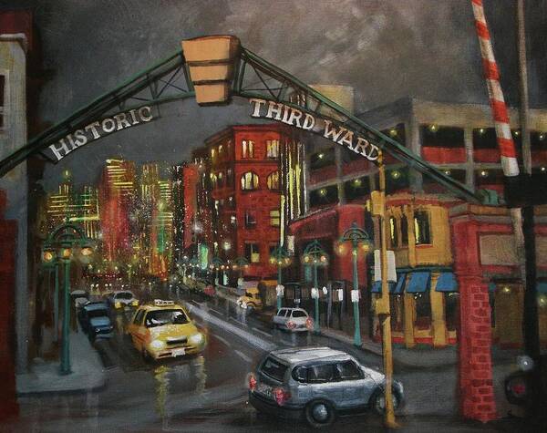  City At Night Art Print featuring the painting Milwaukee's Historic Third Ward by Tom Shropshire