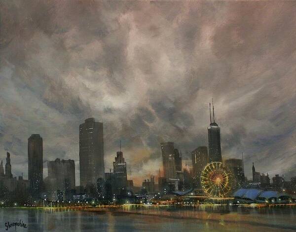 Chicago Art Print featuring the painting Navy Pier Ferris Wheel Chicago by Tom Shropshire