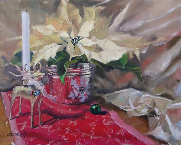 Poinsettia Art Print featuring the painting Peace to All three by Laura Lee Zanghetti