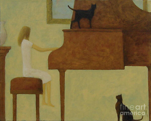 Girl Playing Grand Piano Art Print featuring the painting Piano Two Cats by Glenn Quist