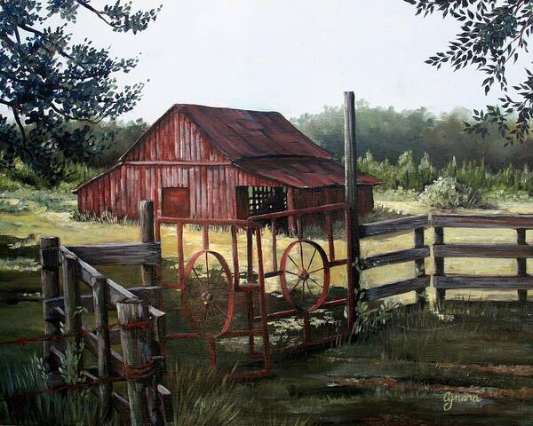 Barn Art Print featuring the painting Red Barn at Sunrise by Cynara Shelton
