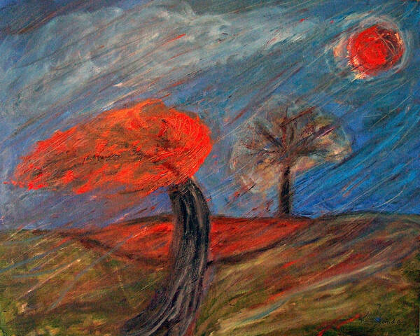 Katt Yanda Original Art Landscape Oil Painting Canvas Red Tree Blowing Wind Art Print featuring the painting Red Tree in the Wind by Katt Yanda