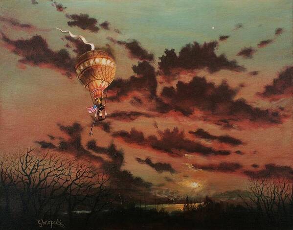 Balloon Art Print featuring the painting Solo Flight by Tom Shropshire