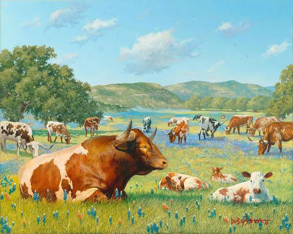 Longhorn Painting Art Print featuring the painting The Baby Sitter by Howard Dubois