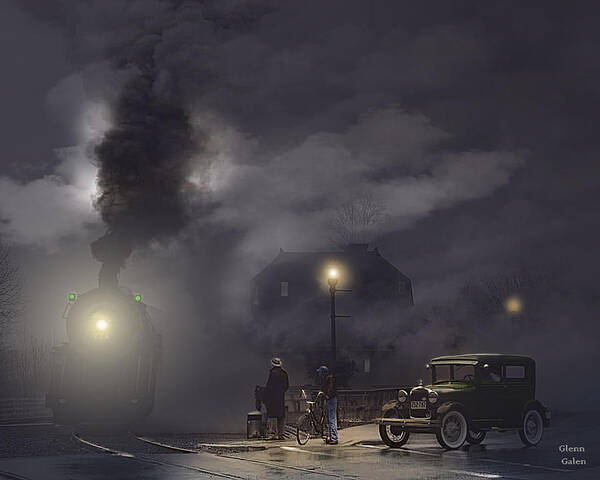 Steam Locomotive Art Print featuring the painting Fast Freight On A Foggy Night by Glenn Galen
