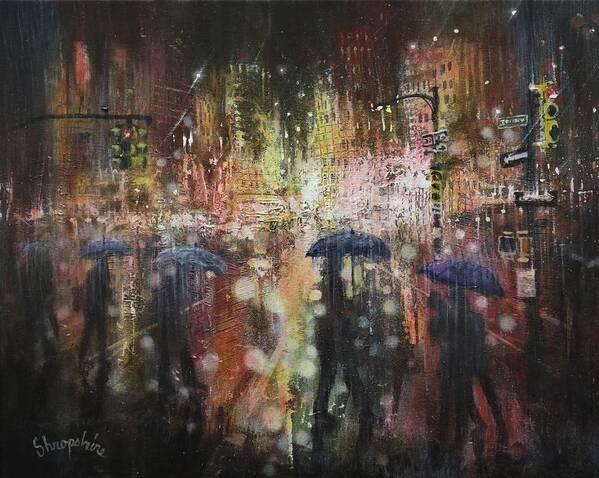 City At Night Art Print featuring the painting Another Stormy Night by Tom Shropshire