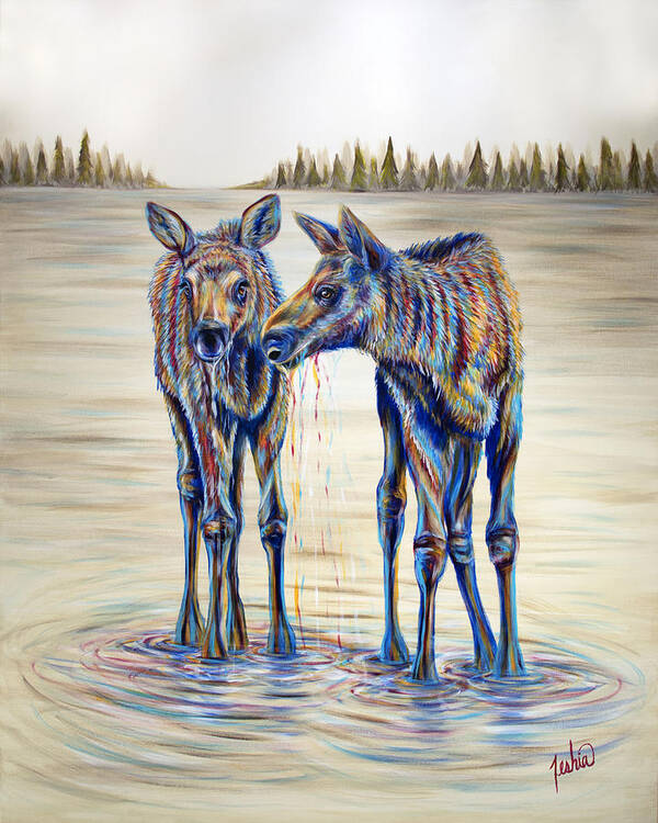 Moose Art Print featuring the painting Moose Gathering, 2 Piece Diptych- Piece 2- Right Panel by Teshia Art