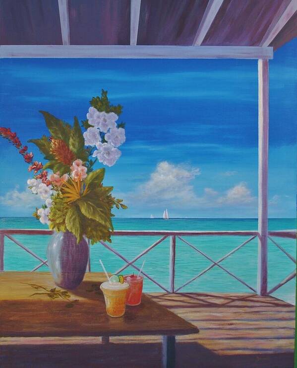 Tropical Beach Art Print featuring the painting Back Porch Happy Hour by Alan Zawacki by Alan Zawacki