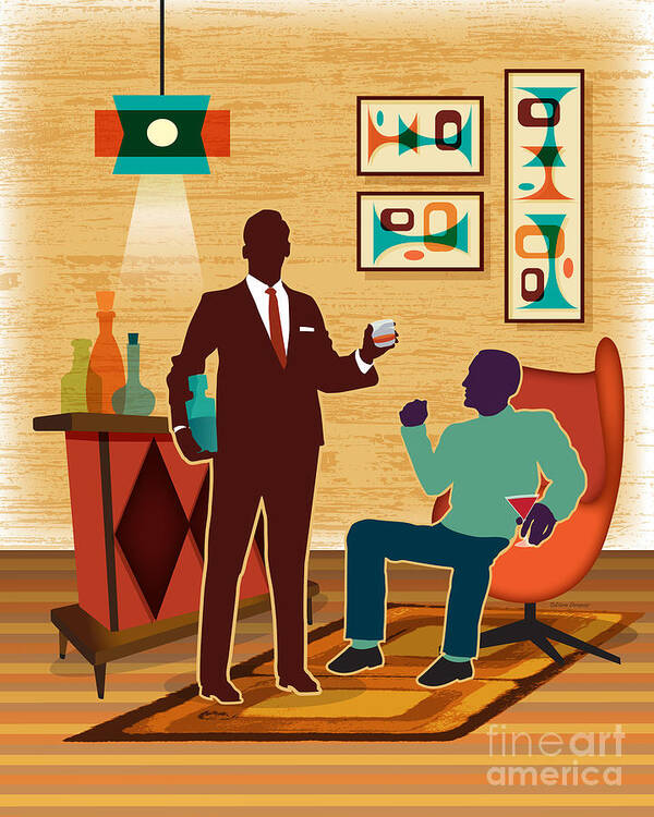 Mid Century Art Print featuring the digital art Cocktails For Two - Men by Diane Dempsey