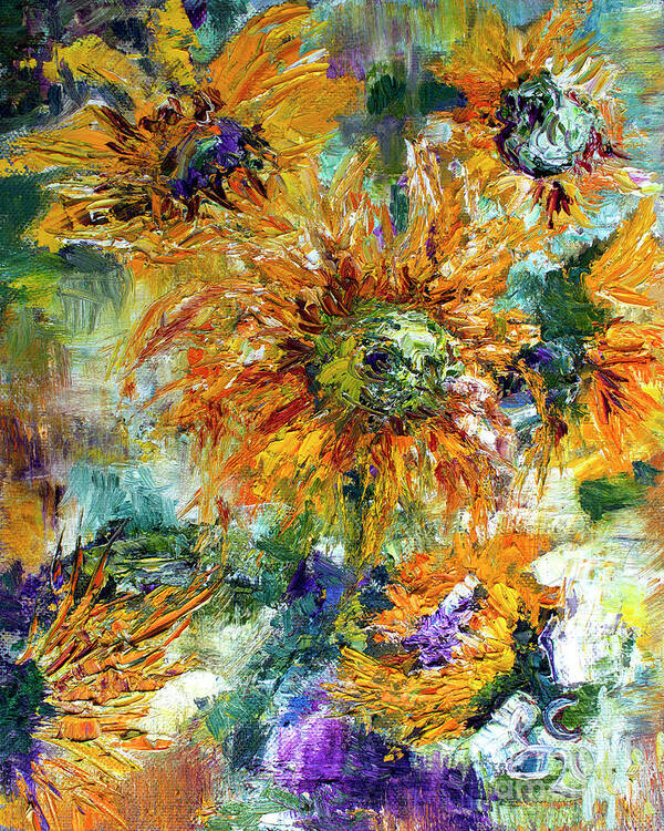 Sunflowers Art Print featuring the painting Impressionist Sunflowers Palette Knife Oil Painting by Ginette Callaway