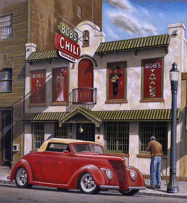 Automotive Art Print featuring the painting Bob's Chili Parlor by Craig Shillam
