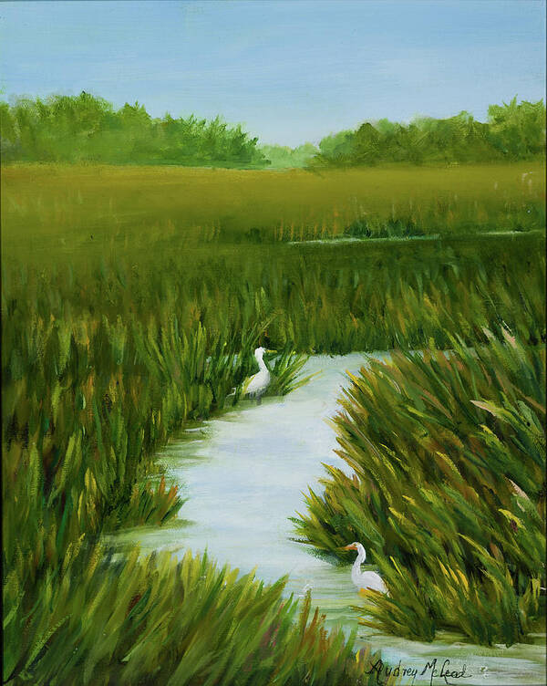 Egrets In Marsh. Summer Marsh With Egrets Art Print featuring the painting Egrets Respite by Audrey McLeod