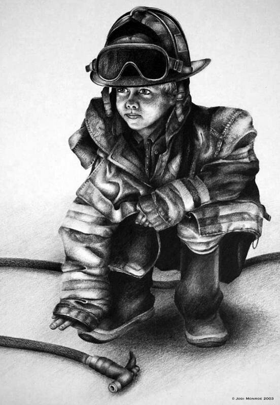 Firefighter Art Print featuring the drawing Little Hero by Jodi Monroe