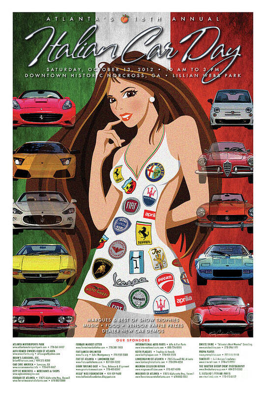 Car Poster Automobiles Sexy Girl Atlanta Art Print featuring the digital art 2012 Atlanta Italian Car Day Poster by Rick Andreoli