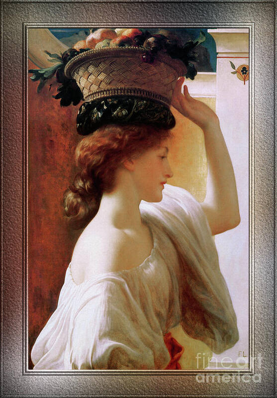 Girl With Basket Of Fruit Art Print featuring the painting A Girl With A Basket Of Fruit by Lord Frederic Leighton by Rolando Burbon