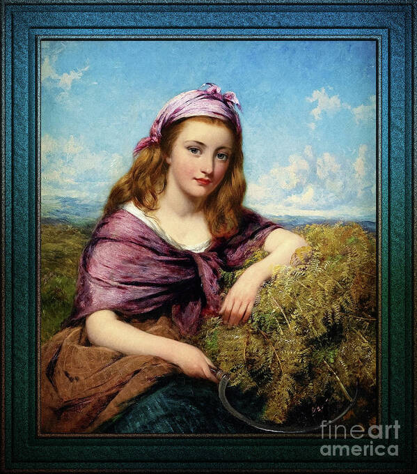 Farm Girl Art Print featuring the painting Farm Girl with Sickle and Cut Flowers by Edward John Cobbett Classical Art Old Masters Reproduction by Rolando Burbon