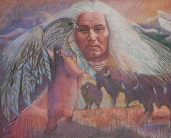 American Indian Southwest Buffalo Mountains Hawk Indian Chief Totum Animal Hawk Orange And White Andpurple Buffalos Indian Chief Sacred Shaman Pastel Painting Painting Art Print featuring the pastel Nation Of Peace by Pamela Mccabe