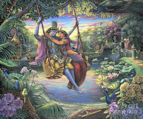 Krishna Paintings Art Print featuring the painting The Swing Pastime by Vishnudas Art