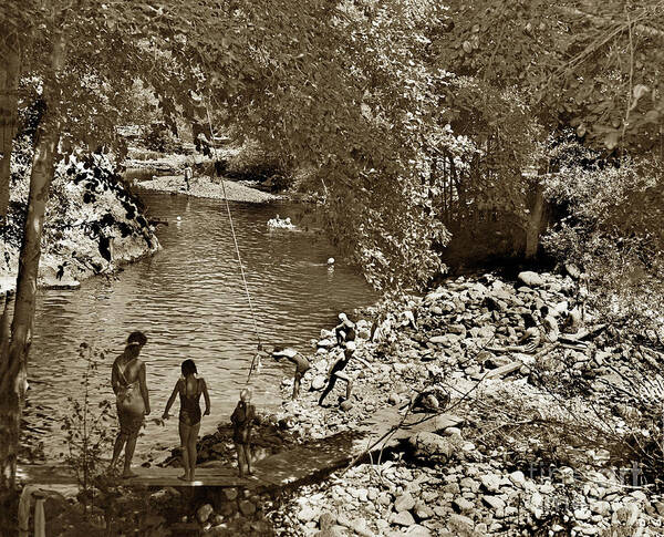 Ole Art Print featuring the photograph The Ole swimming hole on the Carmel River just below The Bucket 1957 by Monterey County Historical Society