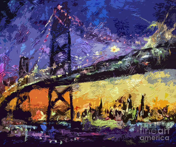 Abstract Art Print featuring the painting Abstract San Francisco Oakland Bay Bridge at Night by Ginette Callaway