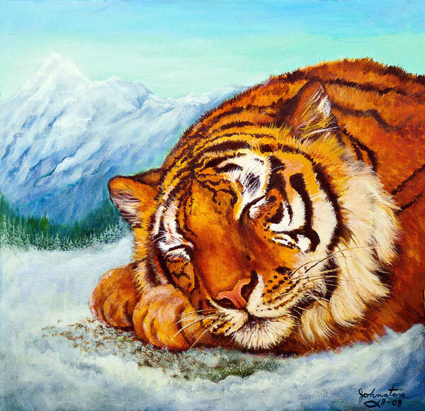 Animal Art Print featuring the painting Tiger Sleeping in Snow by Bob and Nadine Johnston