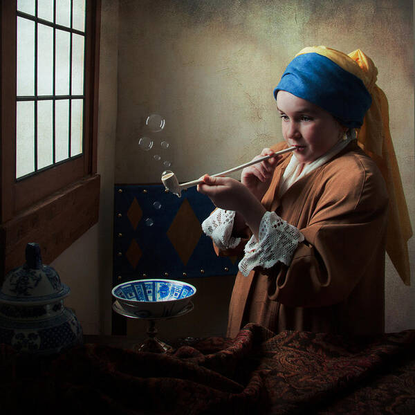 Dutch Golden Age Art Print featuring the photograph Girl with a Pearl Earring blowing bubbles by Levin Rodriguez
